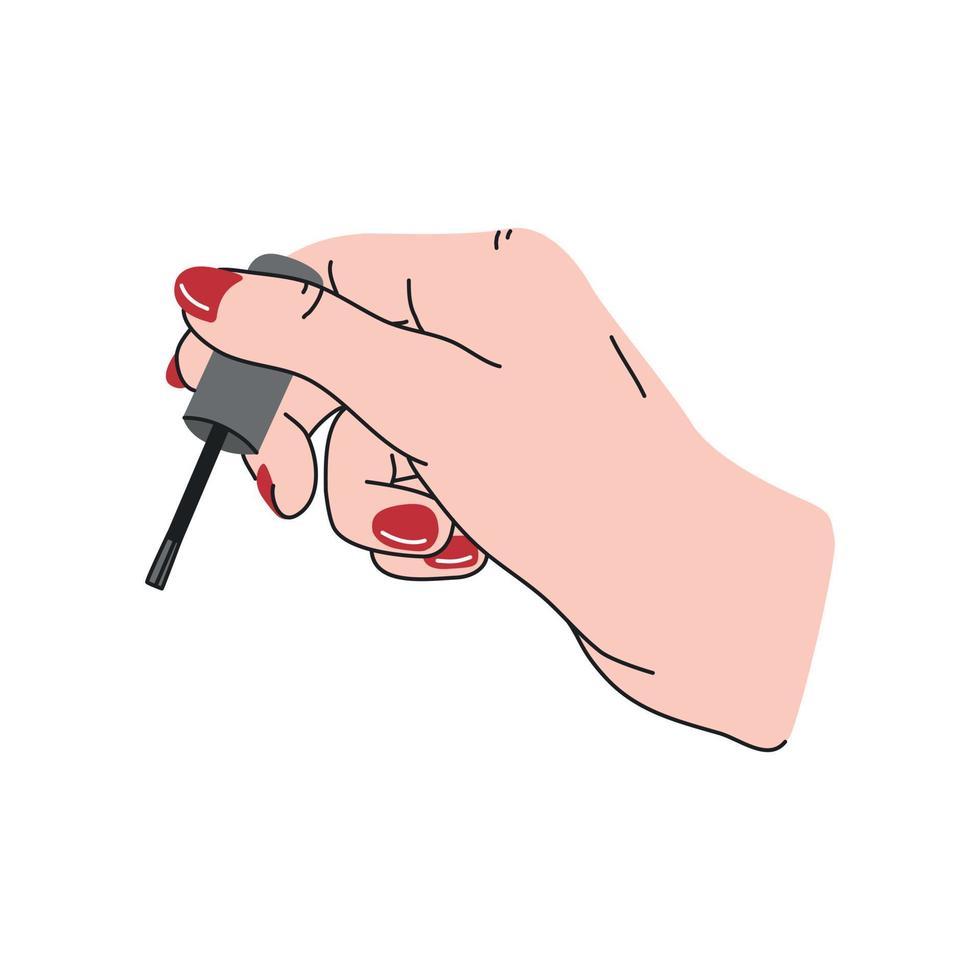 Female hand with red manicure holds a brush with nail polish in cartoon flat style. Vector illustration isolated on white background.