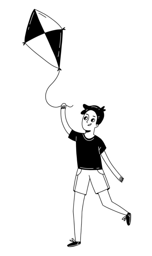 The boy is playing with a kite. Happy child is flying a kite on the street. Vector illustration in cute black and white doodle style.