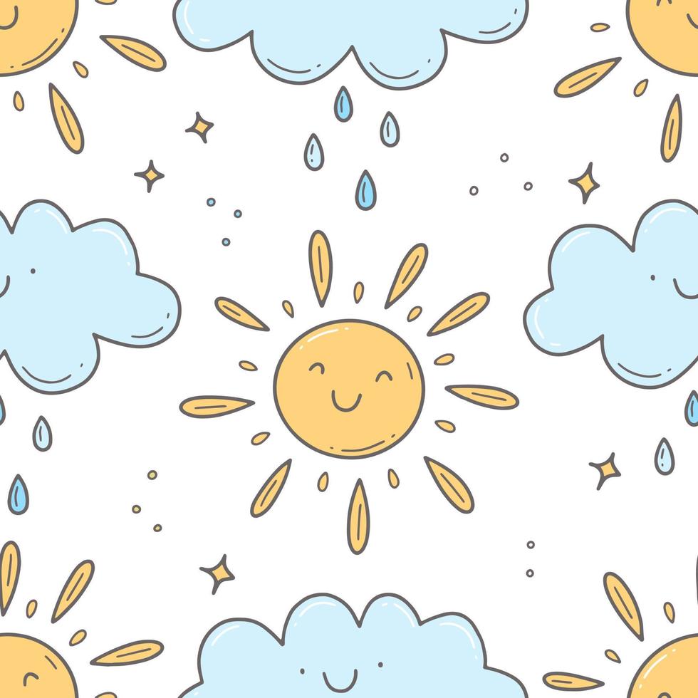 Spring seamless doodle pattern with sun and clouds. Vector illustration background.