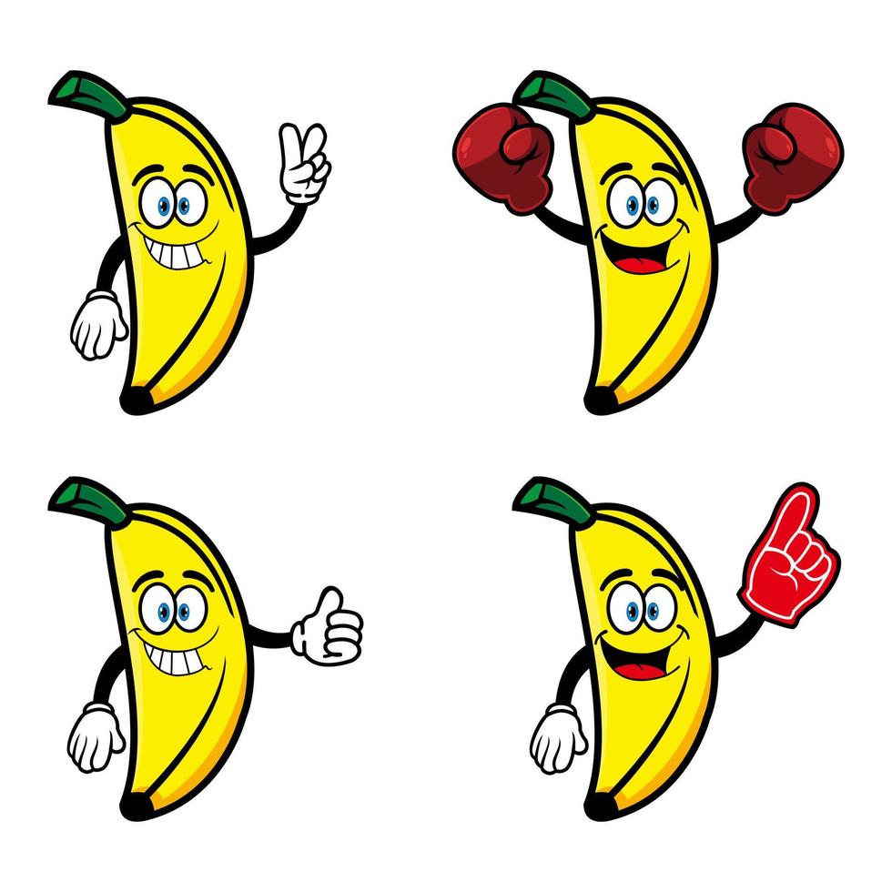 Set of collection cute smiling banana cartoon character. Vector illustration isolated on white background