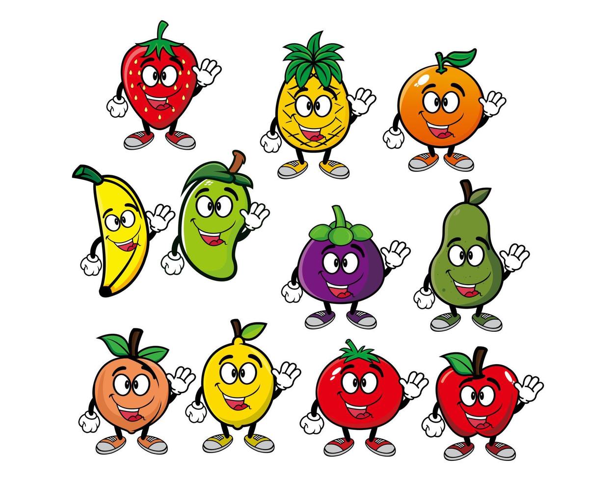 Set of collection smiling fruits cartoon mascot character. Vector illustration isolated on white background