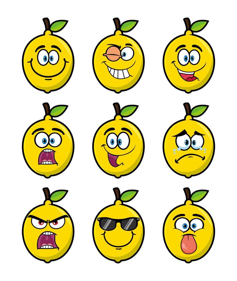 Set of collection smiling lemon cartoon mascot character. Vector illustration isolated on white background