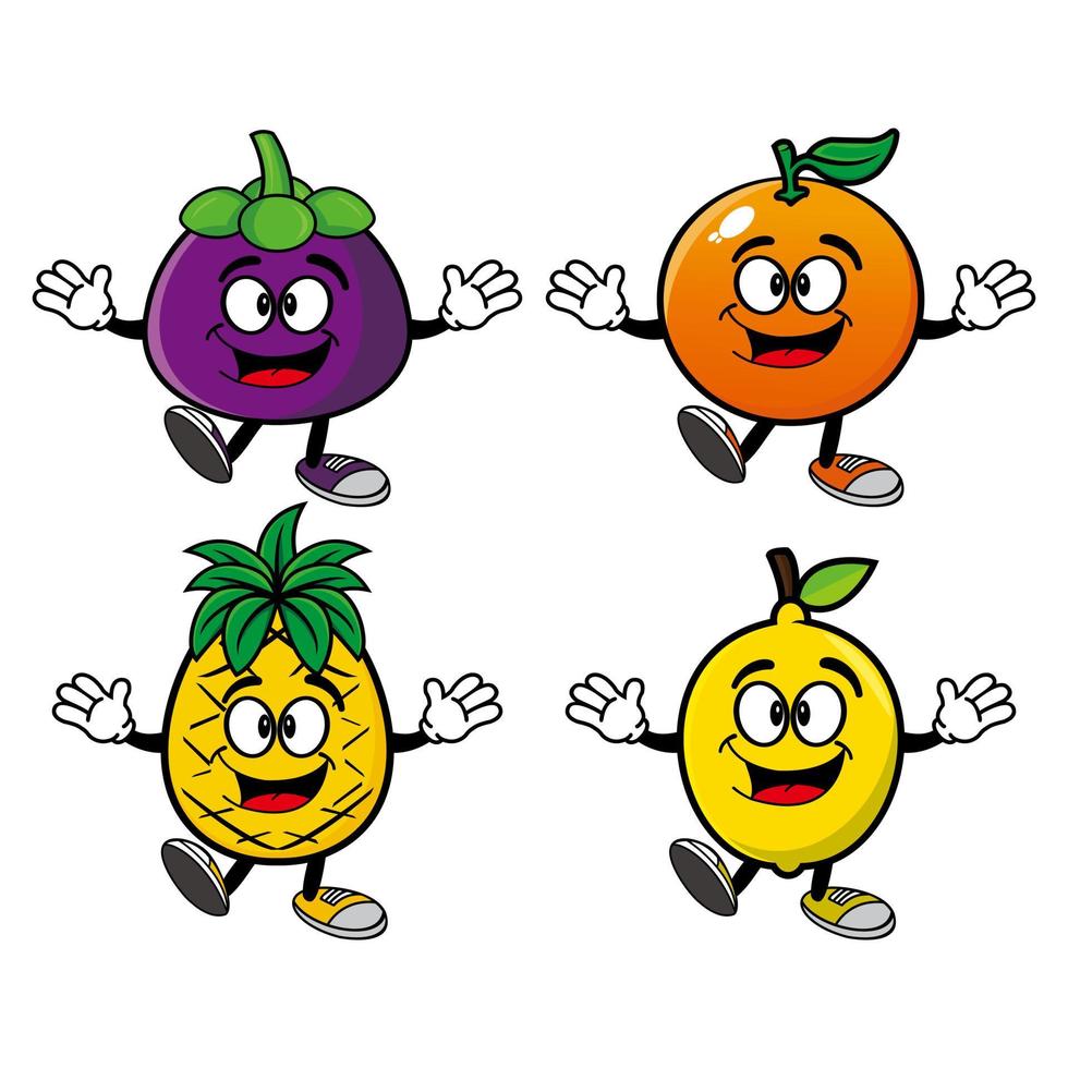 Set of collection smiling fruits cartoon mascot character. Vector illustration isolated on white background