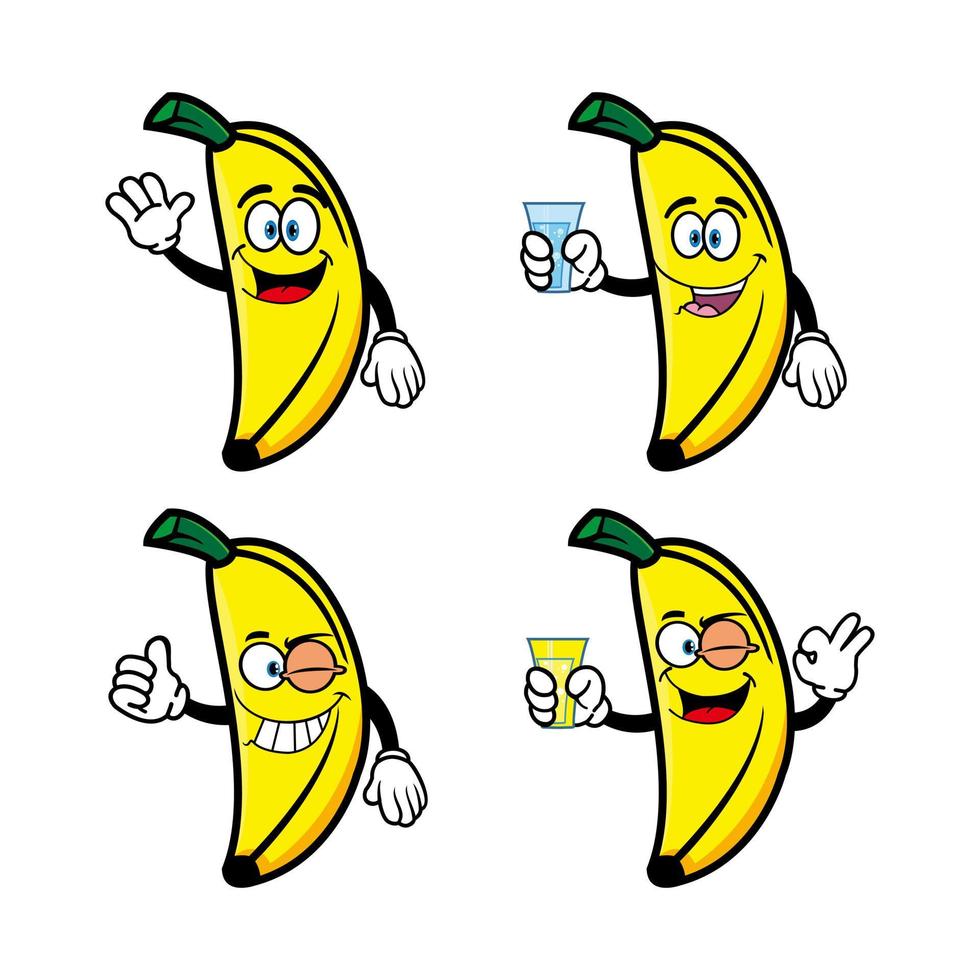 Set of collection cute smiling banana cartoon character. Vector illustration isolated on white background