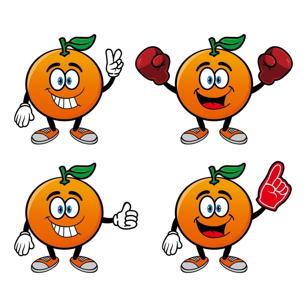 Set of collection smiling orange cartoon mascot character. Vector illustration isolated on white background