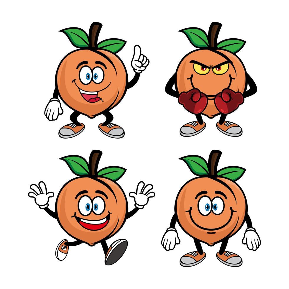 Set of collection smiling peach fruit cartoon mascot character. Vector illustration isolated on white background