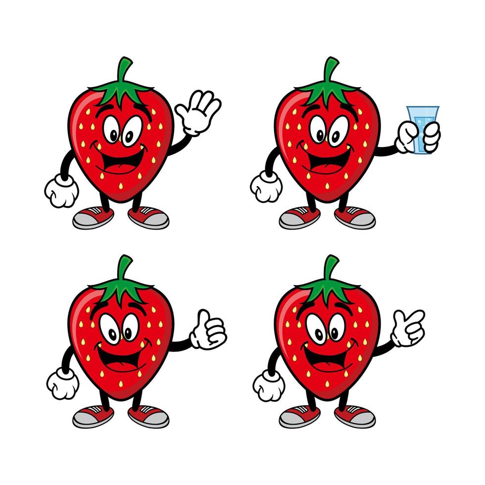Set of collection cute smiling strawberry cartoon character. Vector illustration isolated on white background
