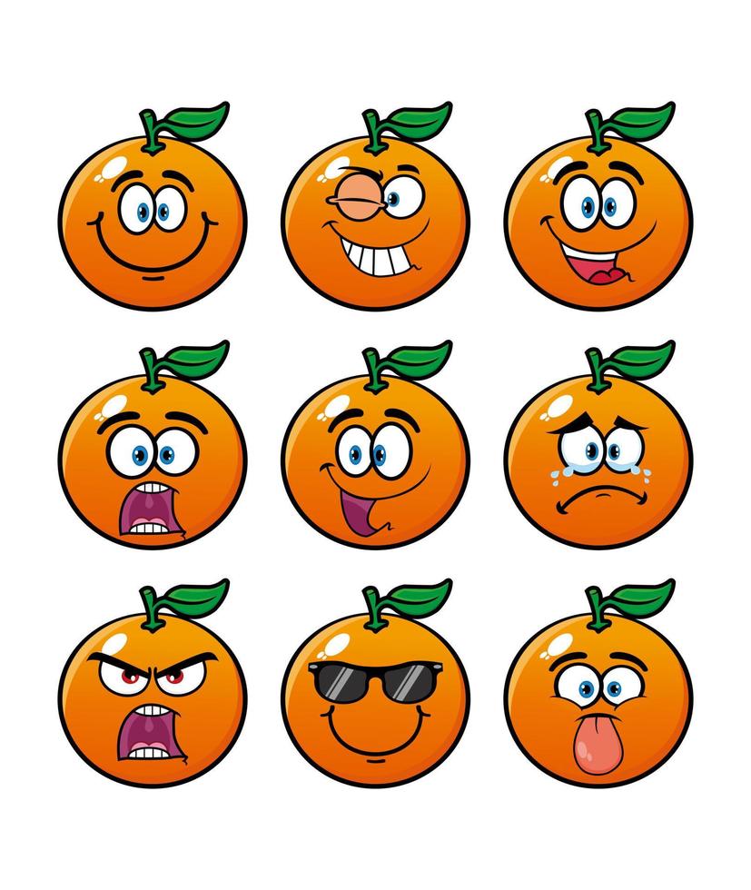 Set of collection smiling orange cartoon mascot character. Vector ...