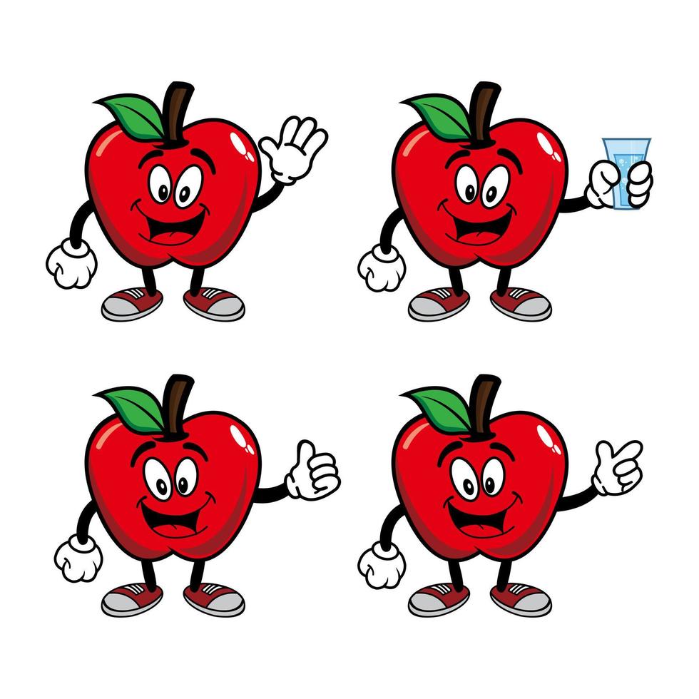 Set of collection smiling apple cartoon mascot character. Vector illustration isolated on white background