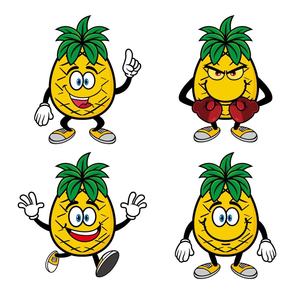 Set of collection cute smiling pineapple cartoon character. Vector illustration isolated on white background