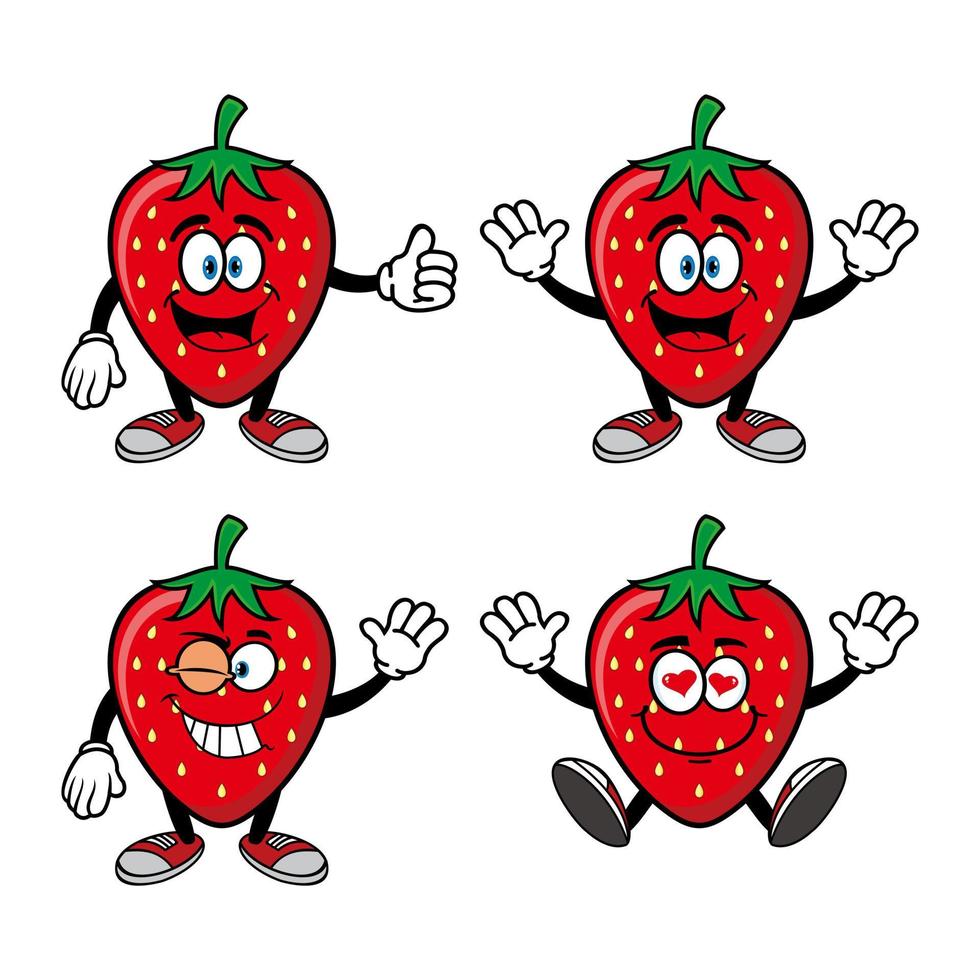 Set of collection cute smiling strawberry cartoon character. Vector illustration isolated on white background