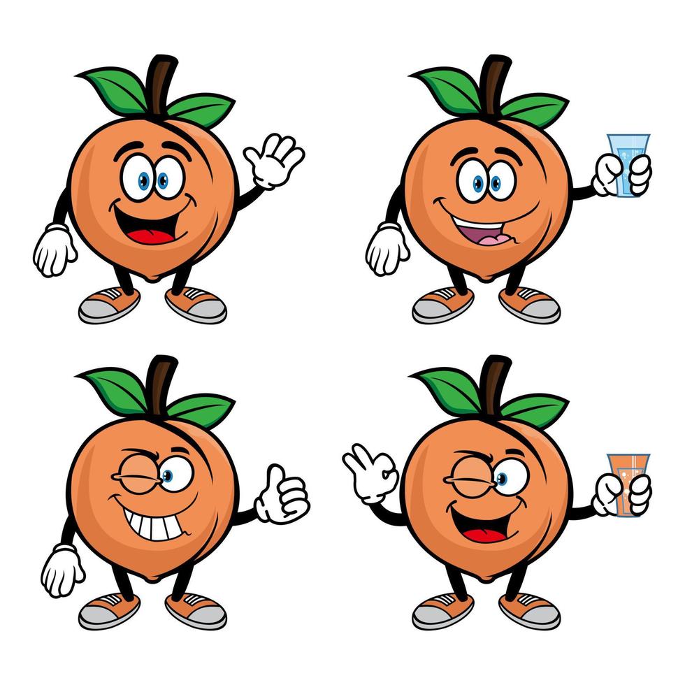 Set of collection smiling peach fruit cartoon mascot character. Vector illustration isolated on white background