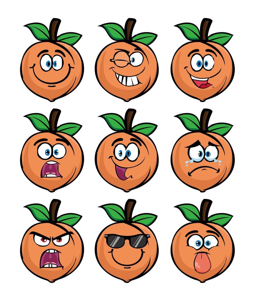 Set of collection smiling peach fruit cartoon mascot character. Vector illustration isolated on white background