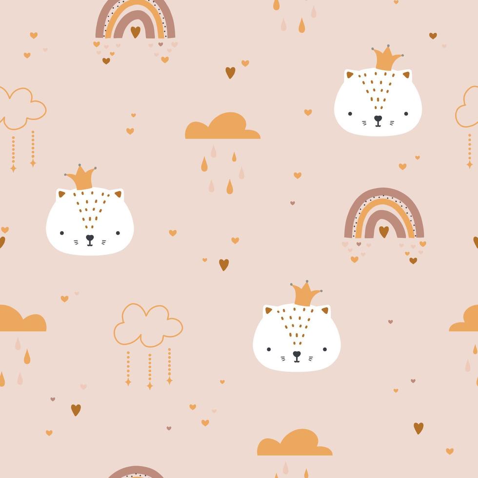 Cute boho rainbow and cat face seamless pattern. Creative childish print for fabric, wrapping, textile, wallpaper, apparel. Vector digital paper.