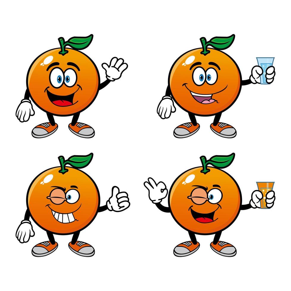 Set of collection smiling orange cartoon mascot character. Vector illustration isolated on white background