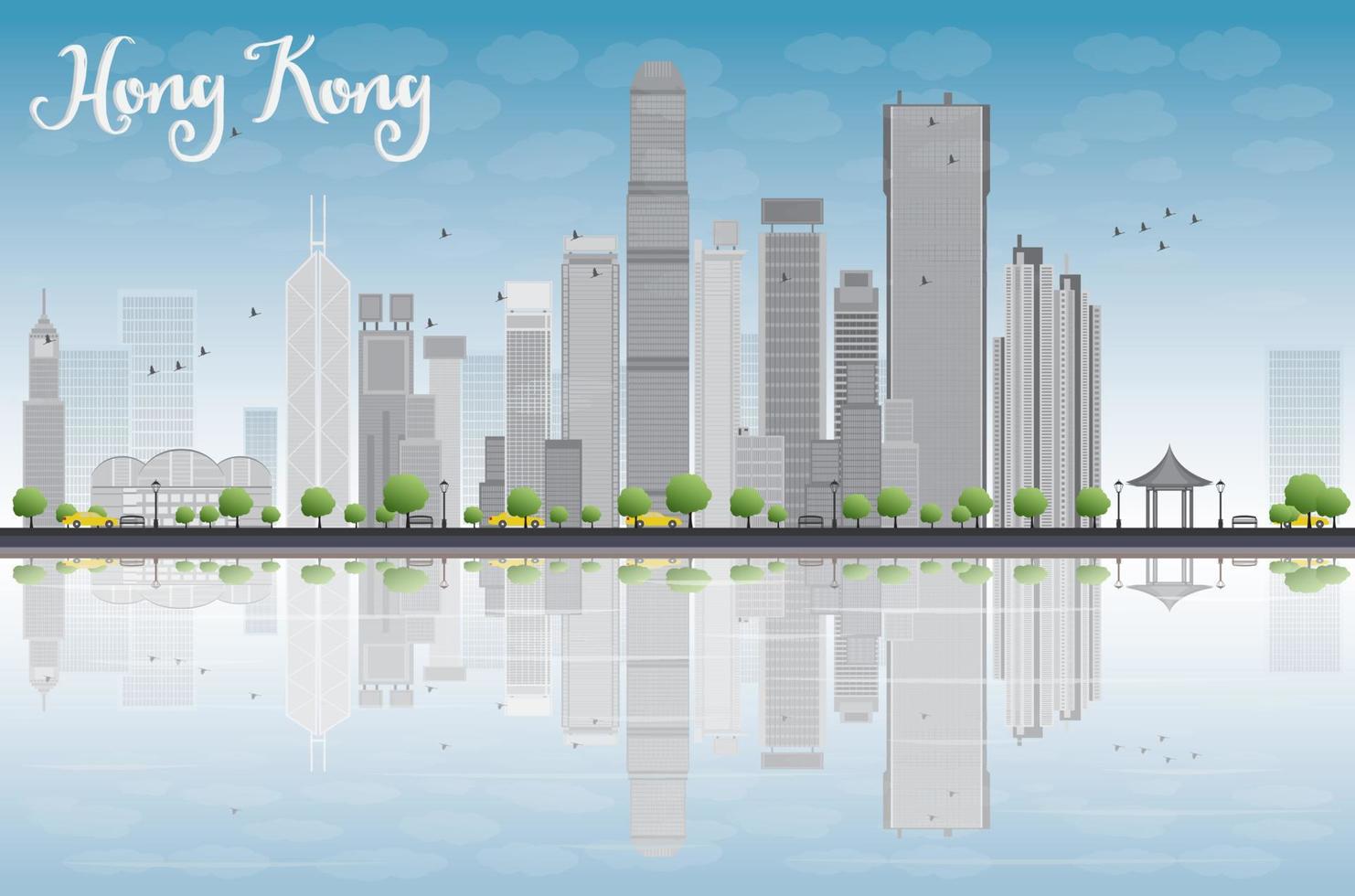 Hong Kong skyline with grey buildings and blue sky. vector