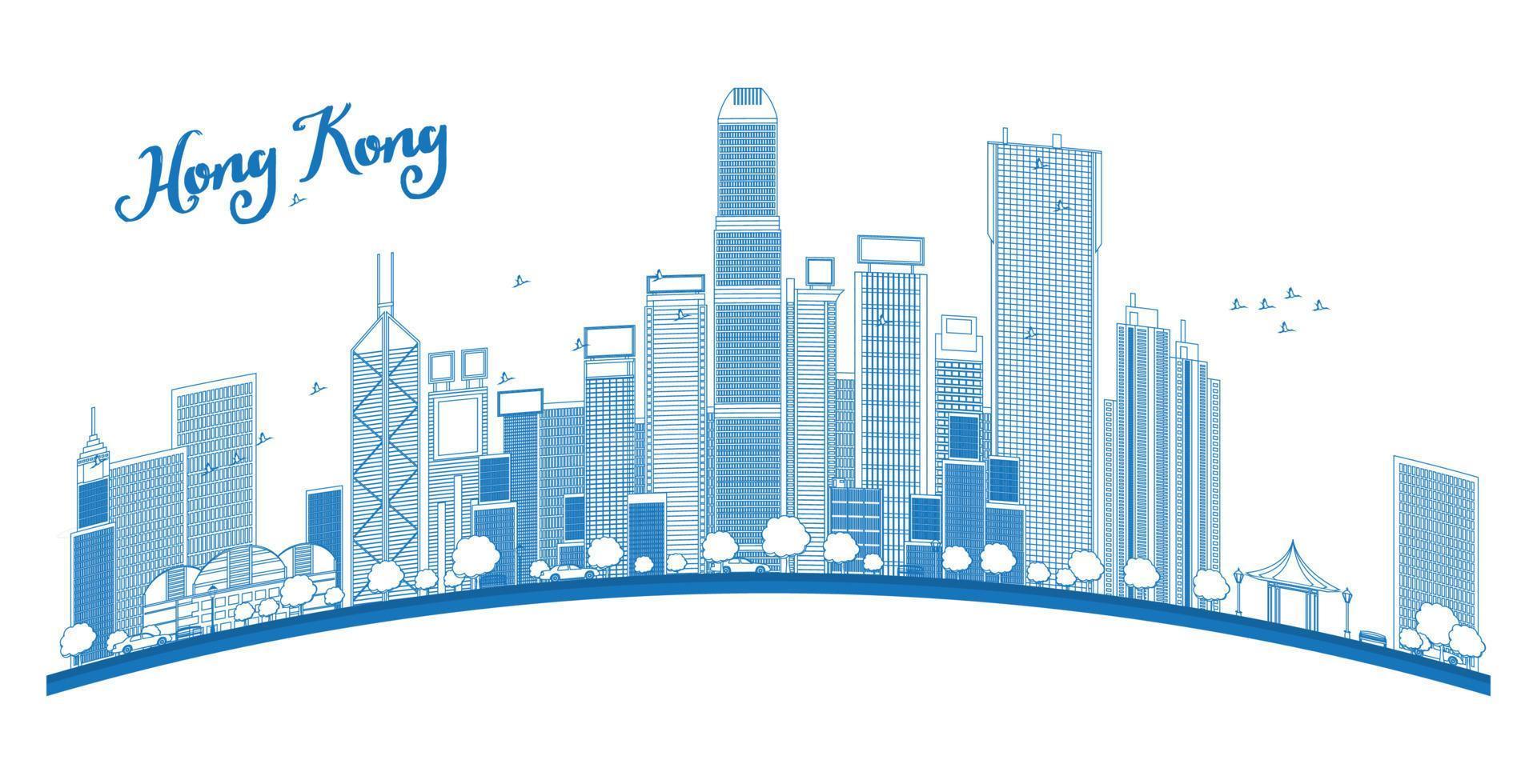 Outline Hong Kong skyline with blue skyscrapers and taxi. vector