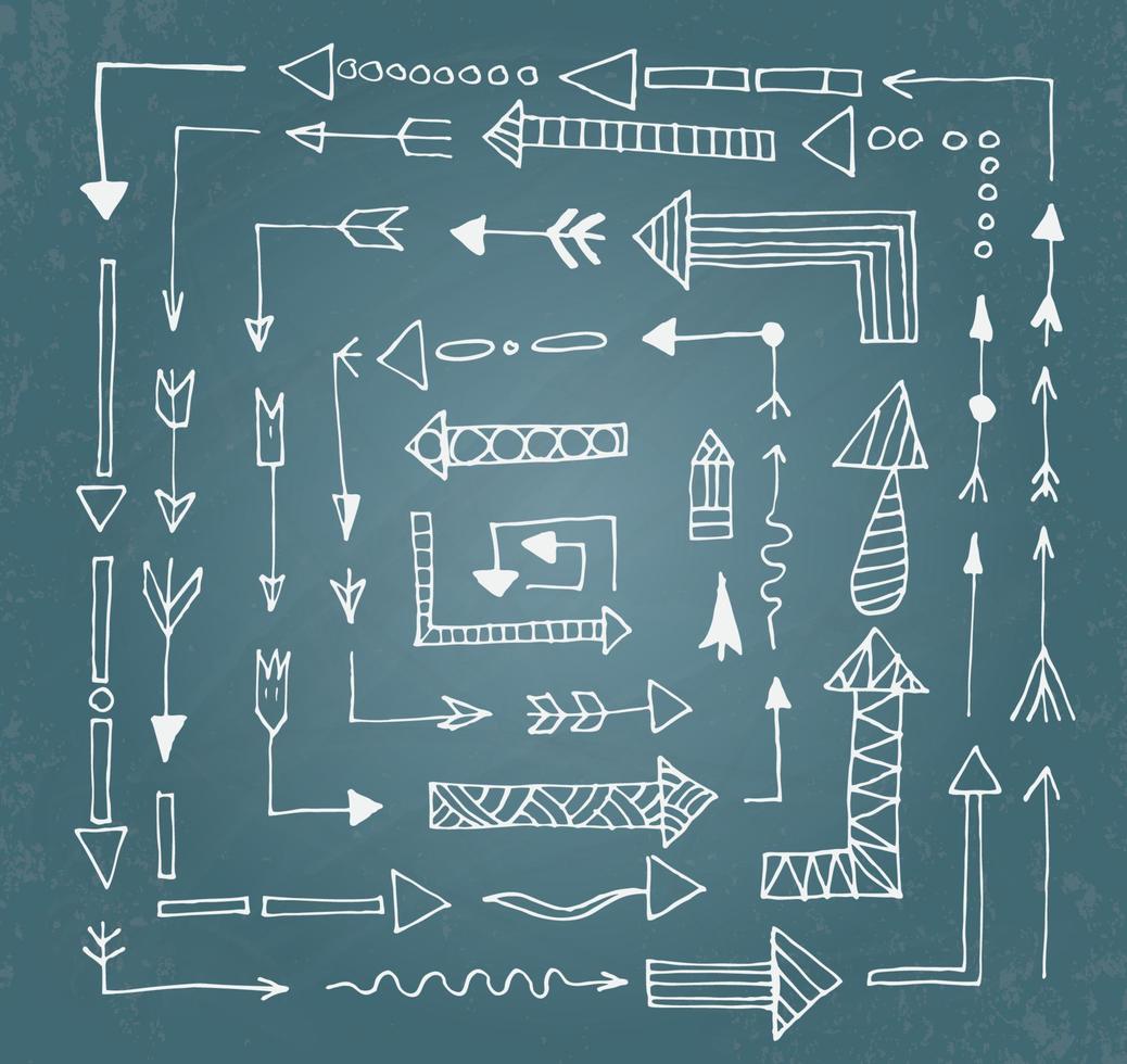 Hand drawn arrow icons set on blue chalk board. vector