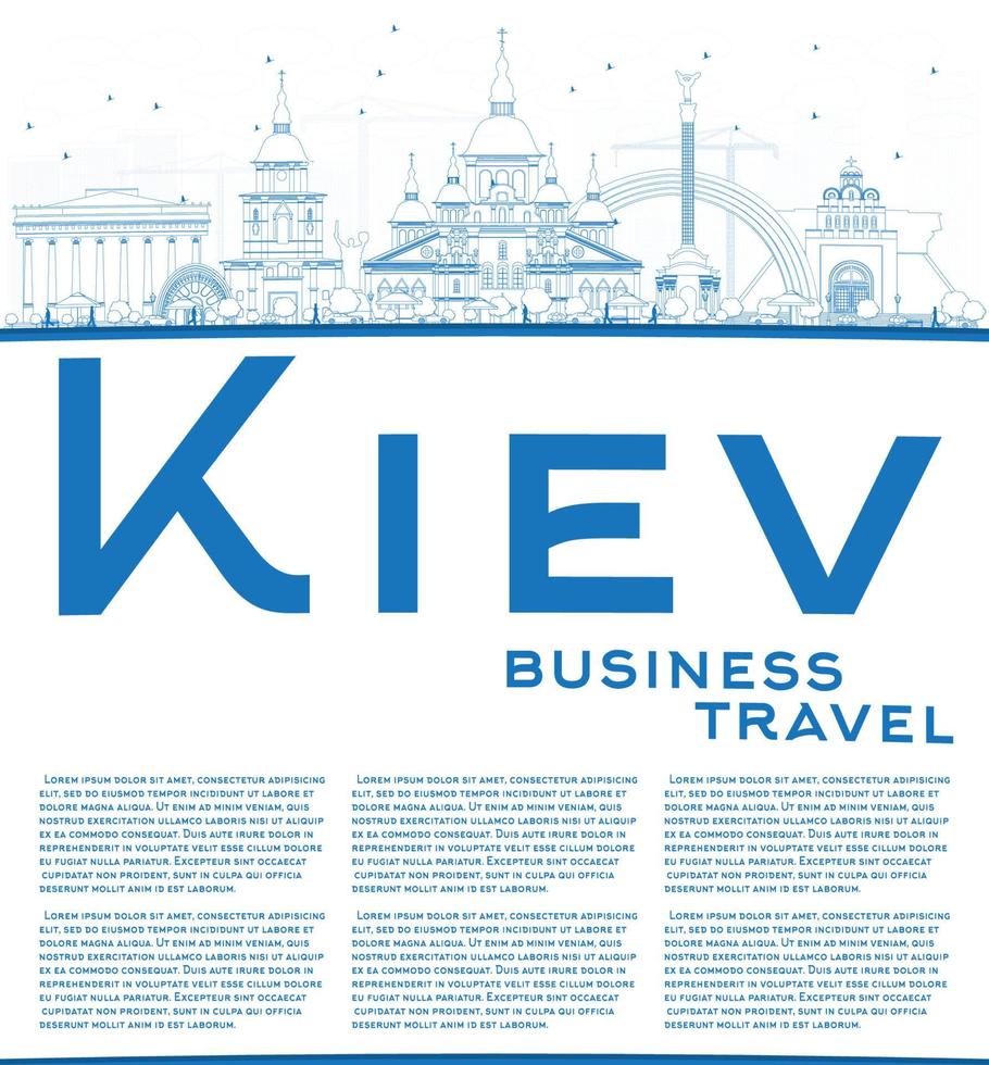 Outline Kiev skyline with blue landmarks and copy space. vector