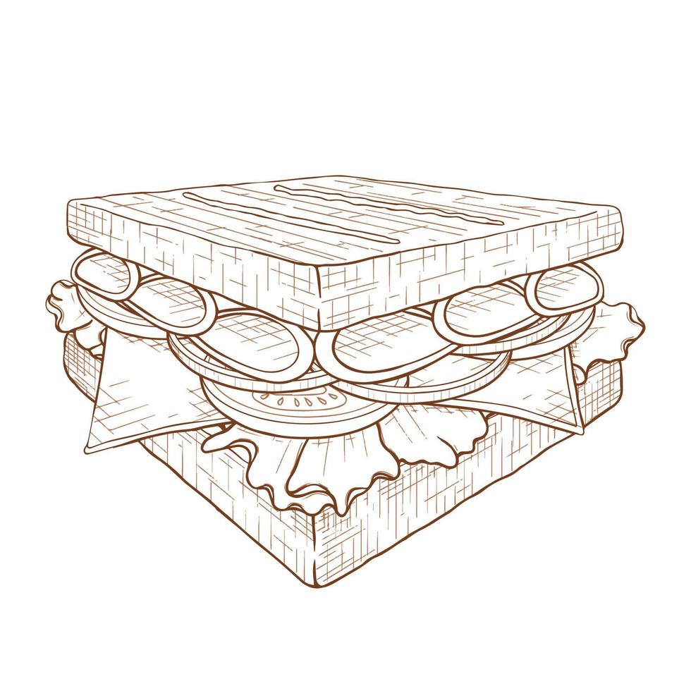 sándwich sabroso dibujado a mano. aislado en blanco ilustración vectorial monocromática vector