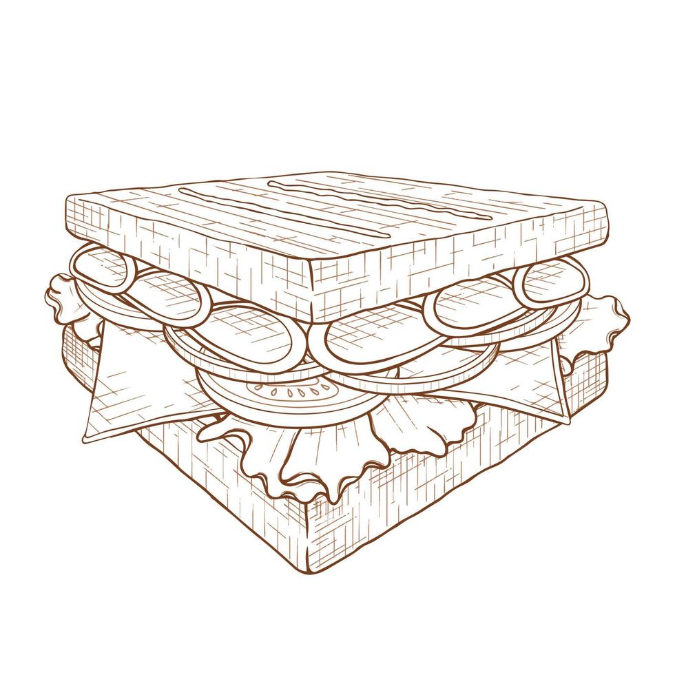Hand drawn tasty sandwich. Isolated on white. Monochrome vector illustration