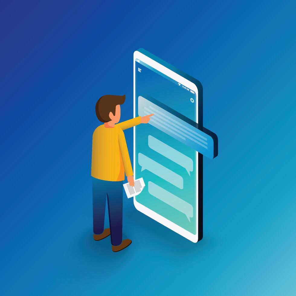 Isometric man typing on mobile smartphone. Sms messages chat and Speech bubbles.  Flat vector illustration.