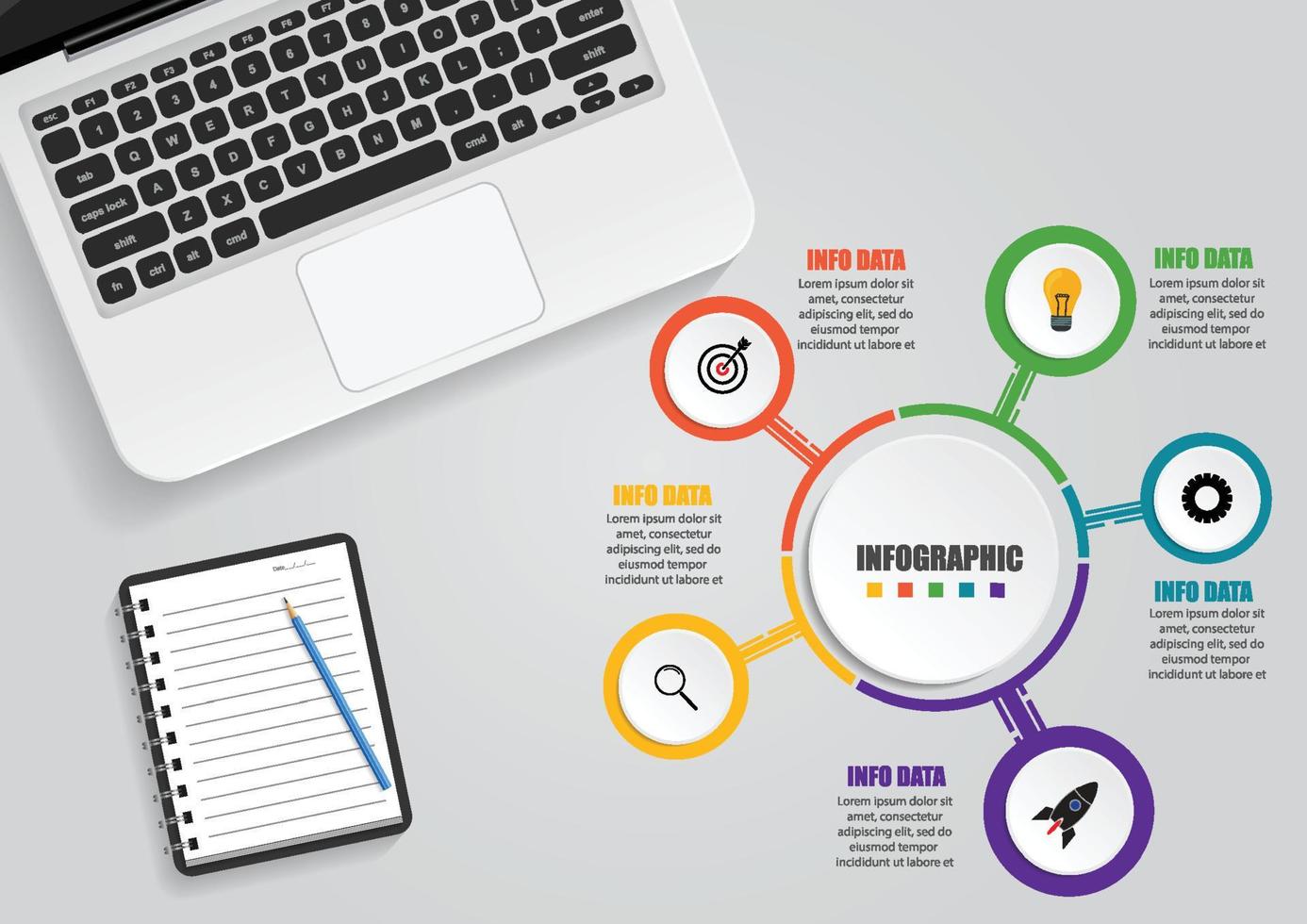 plantilla de infografía empresarial. Visualización de datos. se puede utilizar para el diseño del flujo de trabajo, el número de opciones, los pasos, el diagrama, el gráfico, la presentación, el gráfico y el diseño web. ilustración vectorial. vector