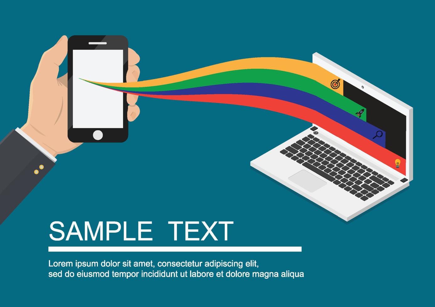 mano que sostiene el teléfono inteligente y la tableta con el envío de datos a la computadora portátil. ilustración eps10 vector