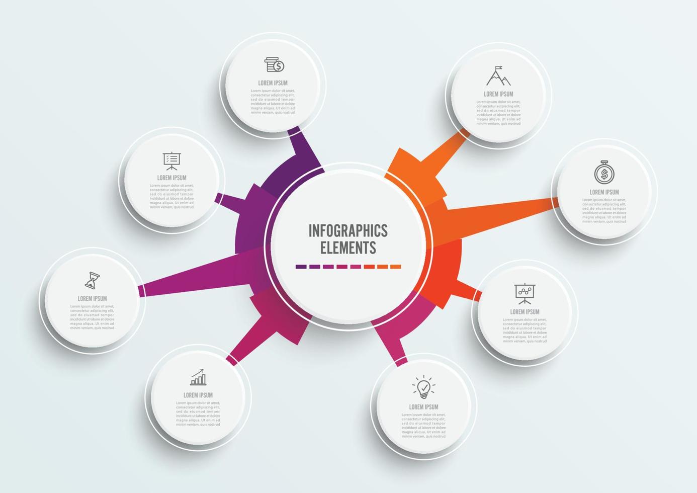 Vector infographic template with 3D paper label, circles. Business concept with 8 options. For content, diagram, flowchart, steps, parts, timeline infographics, workflow, chart.