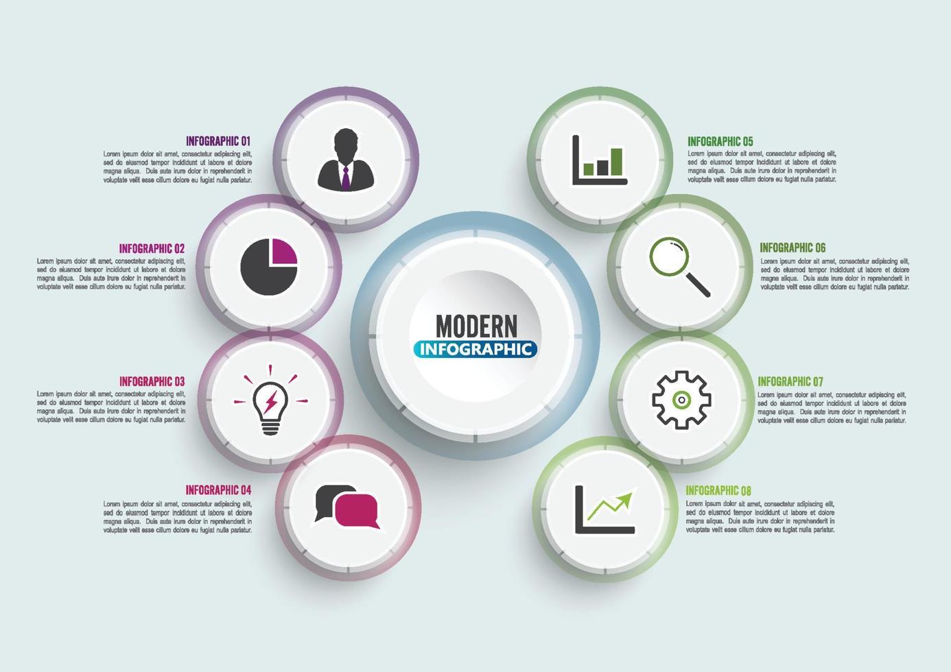 Vector infographic template with 3D paper label, integrated circles. Business concept with 8 options. For content, diagram, flowchart, steps, parts, timeline infographics, workflow, chart.