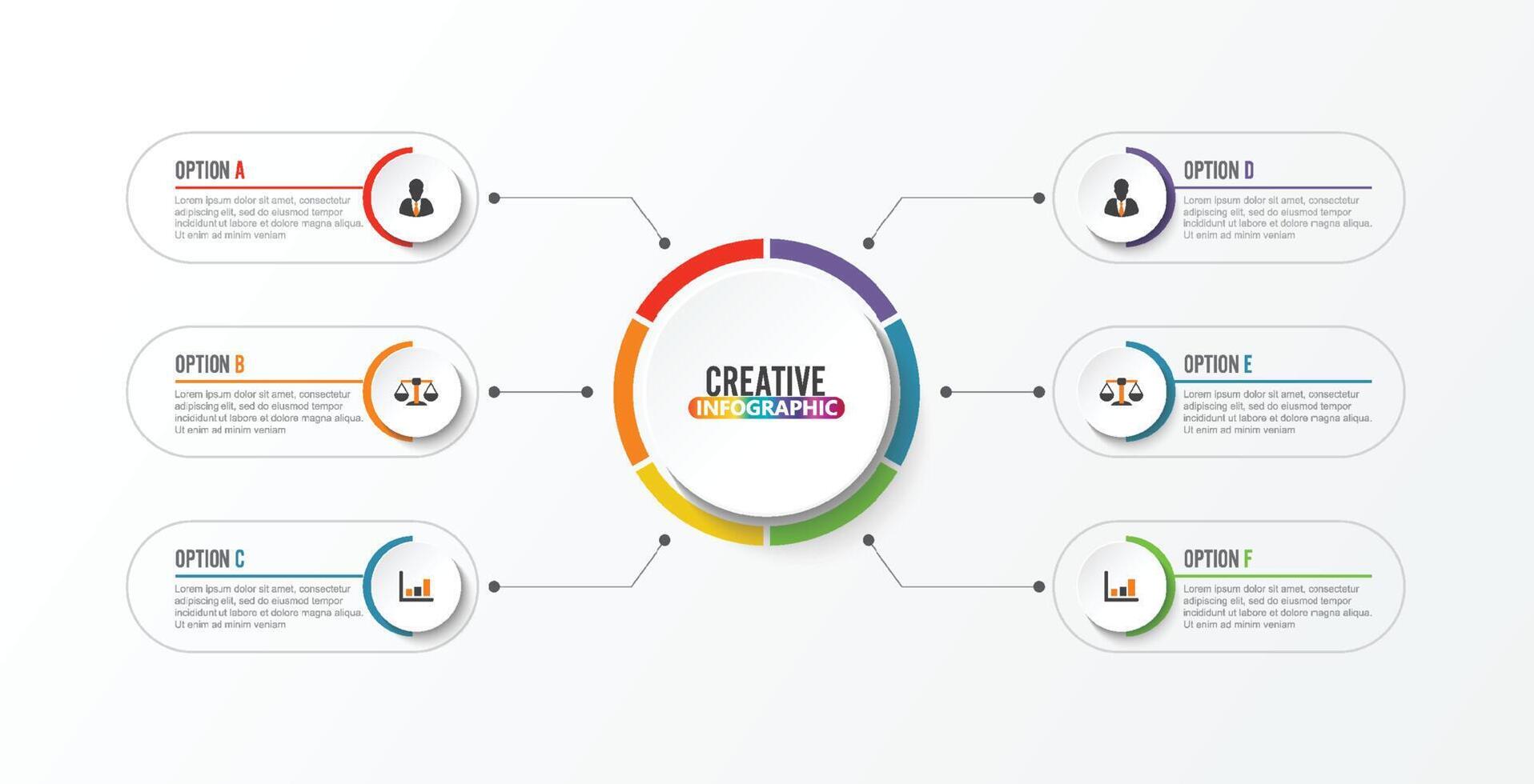 elementos abstractos de la plantilla de infografía vectorial gráfica con etiqueta, círculos integrados. concepto de negocio con 6 opciones. diagrama, diagrama de flujo, pasos, partes, infografías de línea de tiempo, flujo de trabajo, gráfico. vector