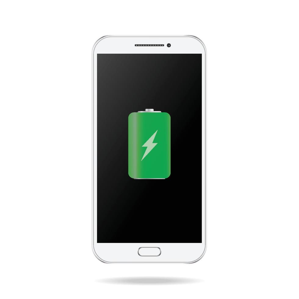 White smartphone with green full battery icon. Realistic vector illustration