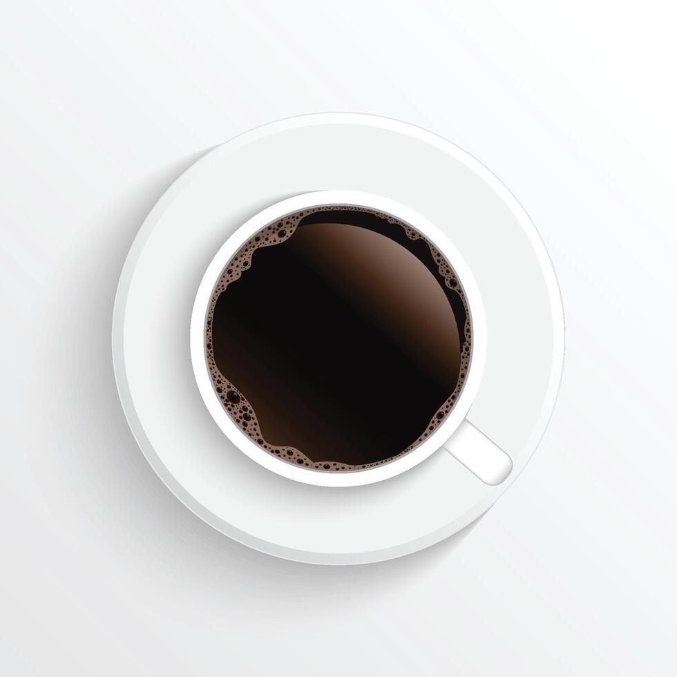 vista superior realista taza de café negro y plato aislado sobre fondo blanco. ilustración vector