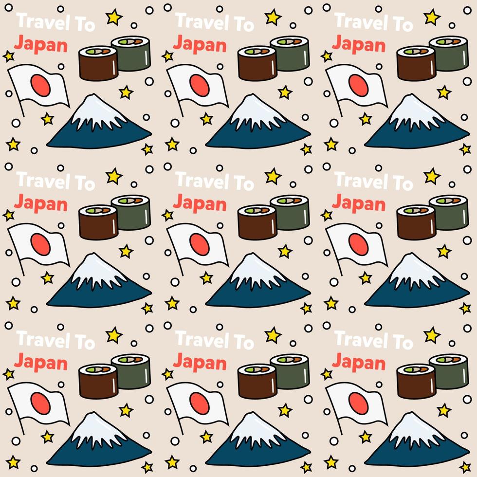 viajar a japón doodle diseño de vector de patrones sin fisuras. sushi, fuji, origami son íconos idénticos a japón.