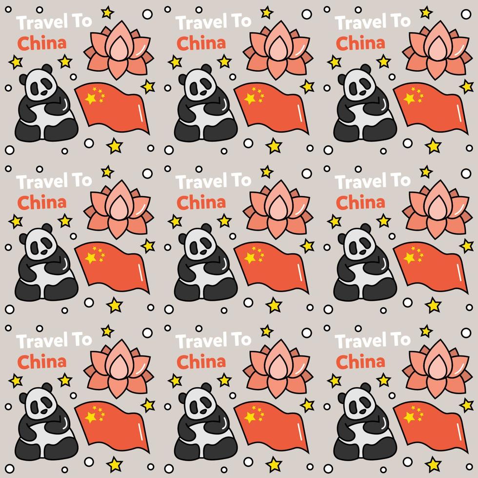 Travel to China doodle seamless pattern vector design. Lantern, Panda and noodle are identic icon with China.