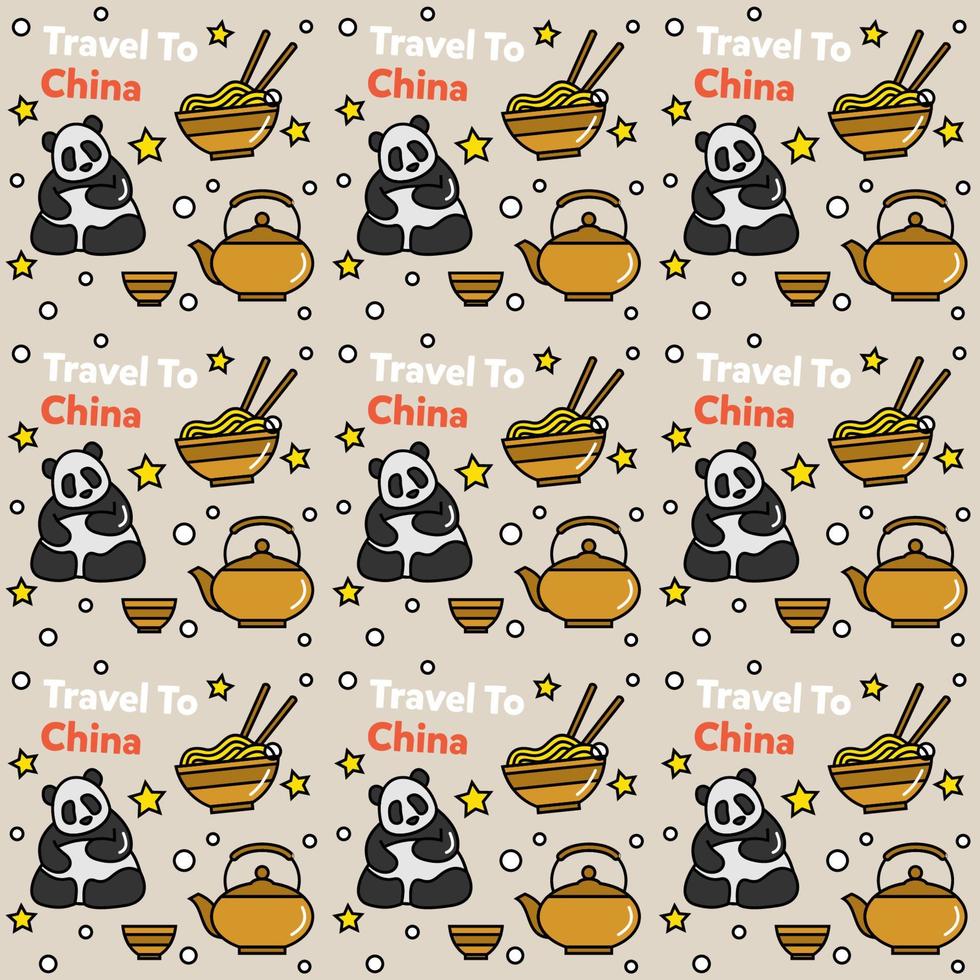 Travel to China doodle seamless pattern vector design. Lantern, Panda and noodle are identic icon with China.