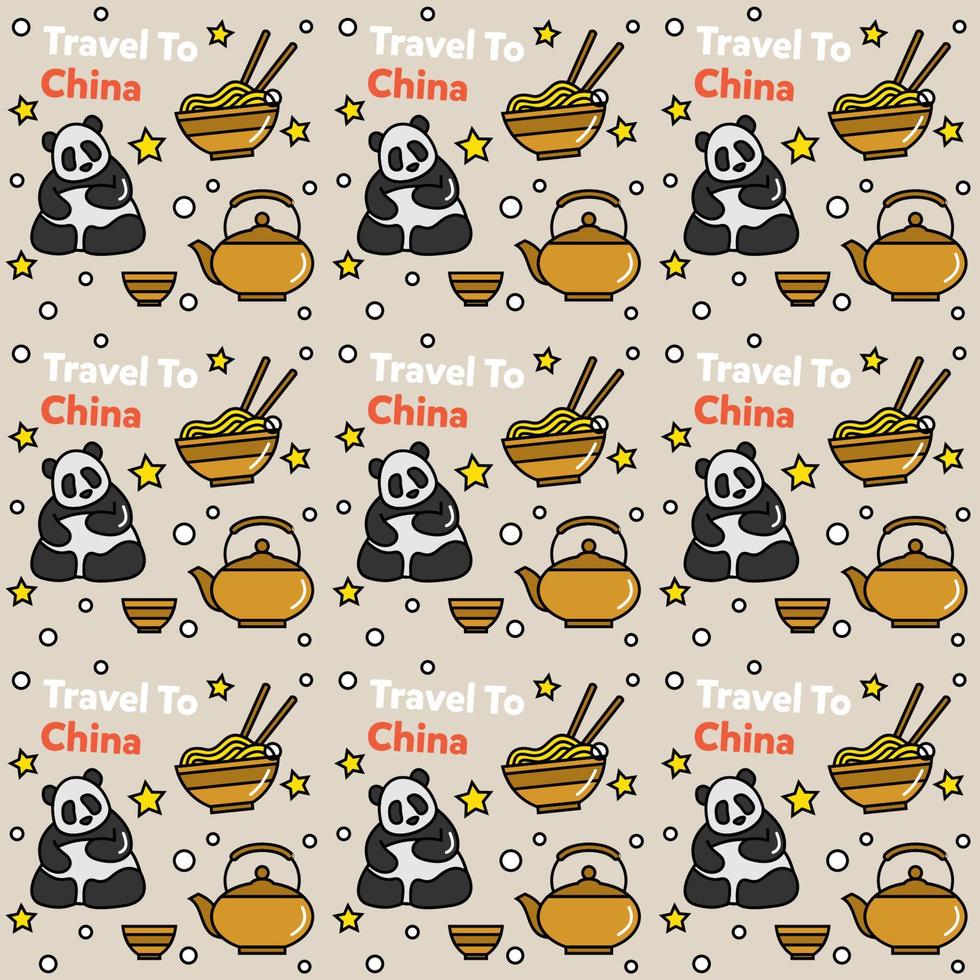 viajar a china doodle diseño de vector de patrones sin fisuras. linterna, panda y fideos son íconos idénticos con china.