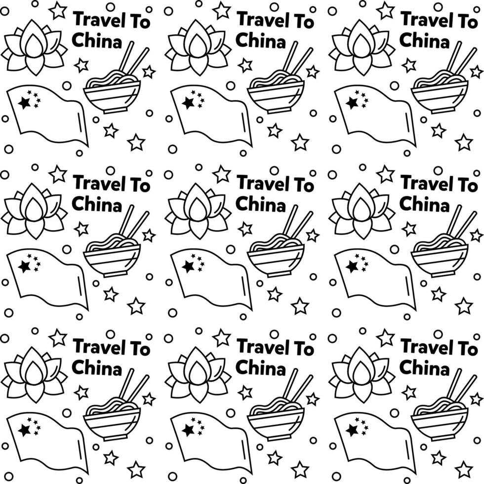 viajar a china doodle diseño de vector de patrones sin fisuras. linterna, panda y fideos son íconos idénticos con china.