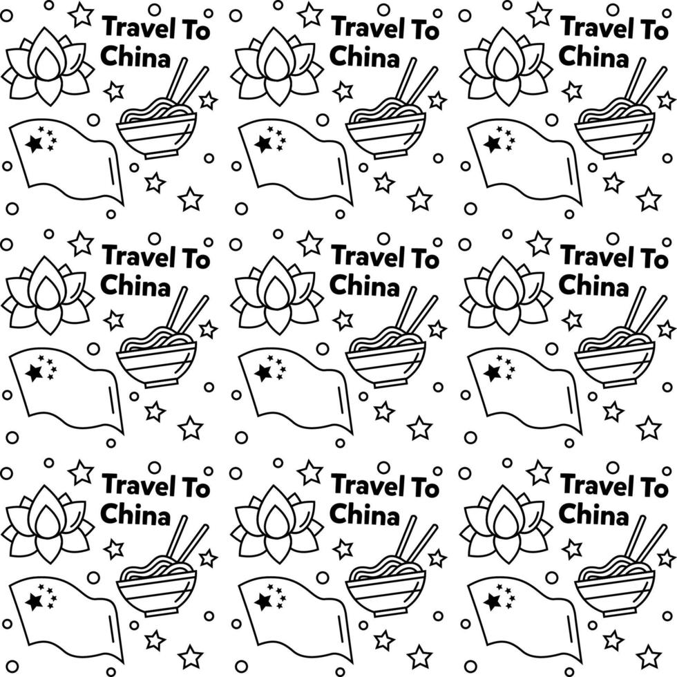Travel to China doodle seamless pattern vector design. Lantern, Panda and noodle are identic icon with China.
