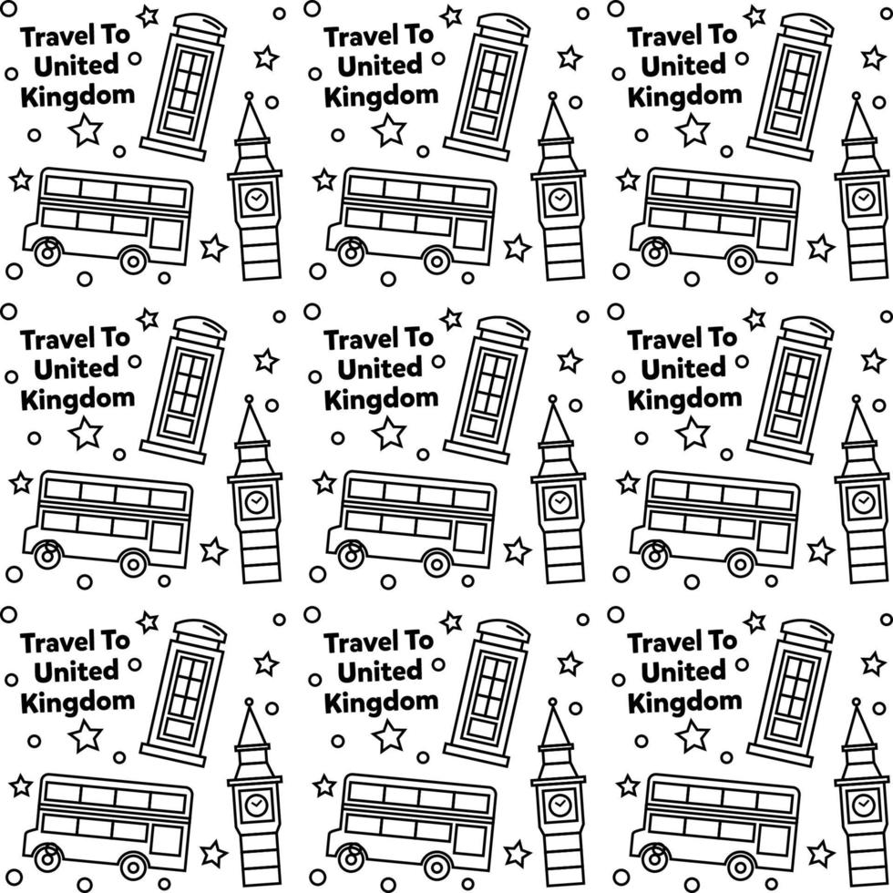 Travel to United Kingdom doodle seamless pattern vector design. Bus, Map and Flag are identic icons with UK