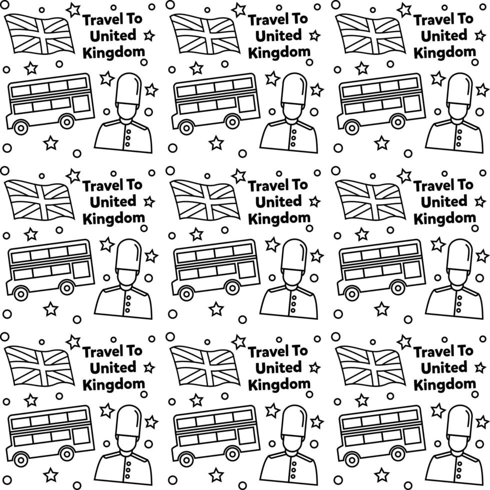 Travel to United Kingdom doodle seamless pattern vector design. Bus, Map and Flag are identic icons with UK