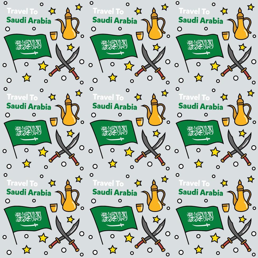 Travel to Saudi Arabia doodle seamless pattern vector design. Camel. Ka'bah, Flag are identic icons with Saudi Arabia