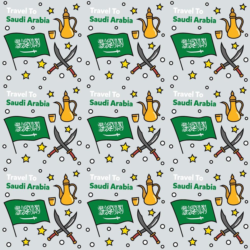 viajar a arabia saudita doodle diseño vectorial de patrones sin fisuras. camello. ka'bah, la bandera son iconos idénticos con arabia saudita vector