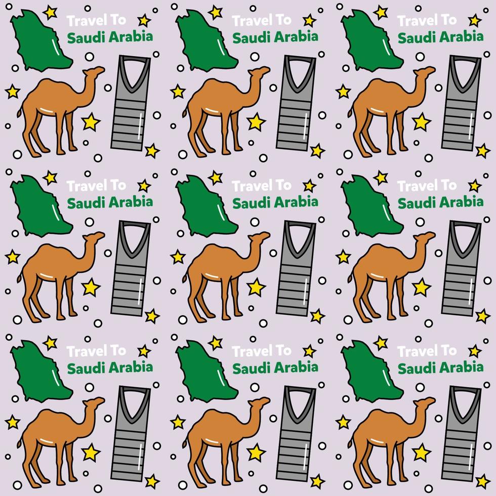 viajar a arabia saudita doodle diseño vectorial de patrones sin fisuras. camello. ka'bah, la bandera son iconos idénticos con arabia saudita vector