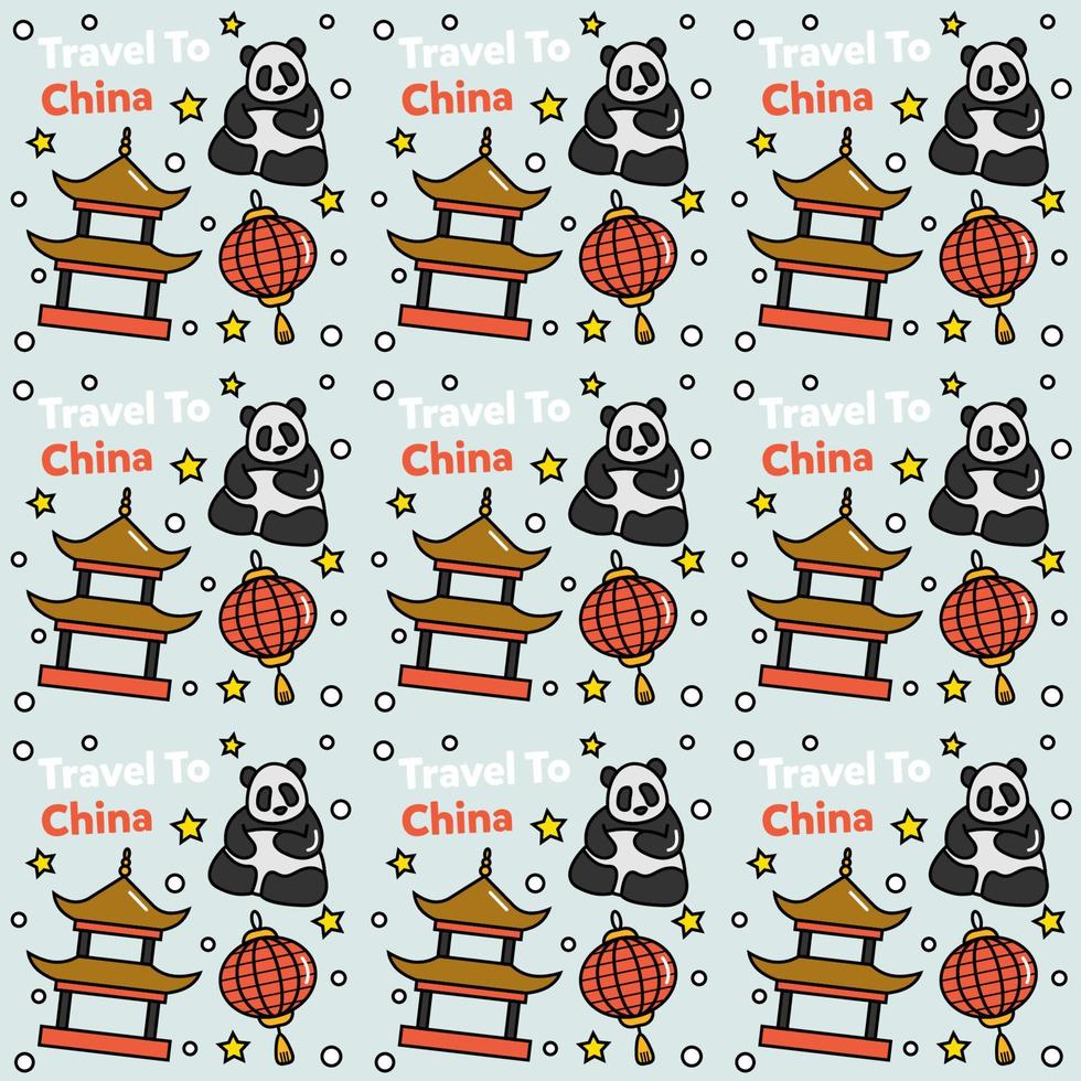 Travel to China doodle seamless pattern vector design. Lantern, Panda and noodle are identic icon with China.