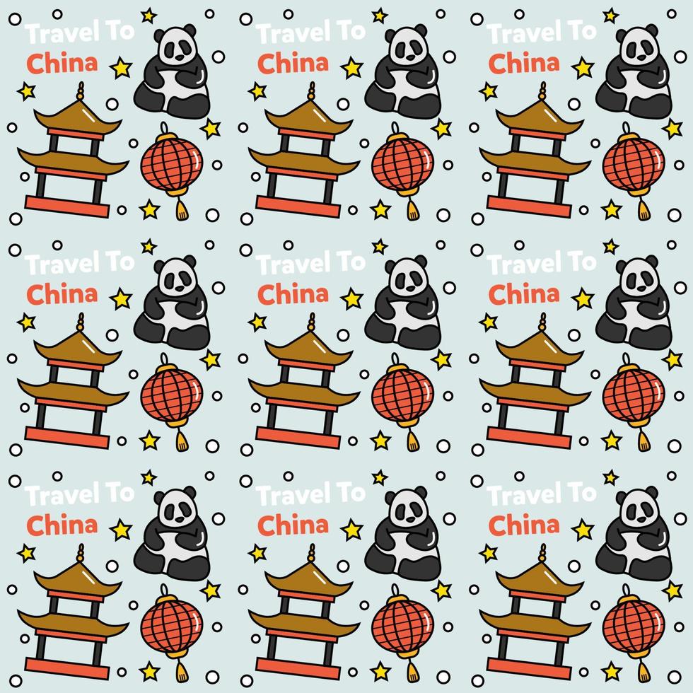 Travel to China doodle seamless pattern vector design. Lantern, Panda and noodle are identic icon with China.