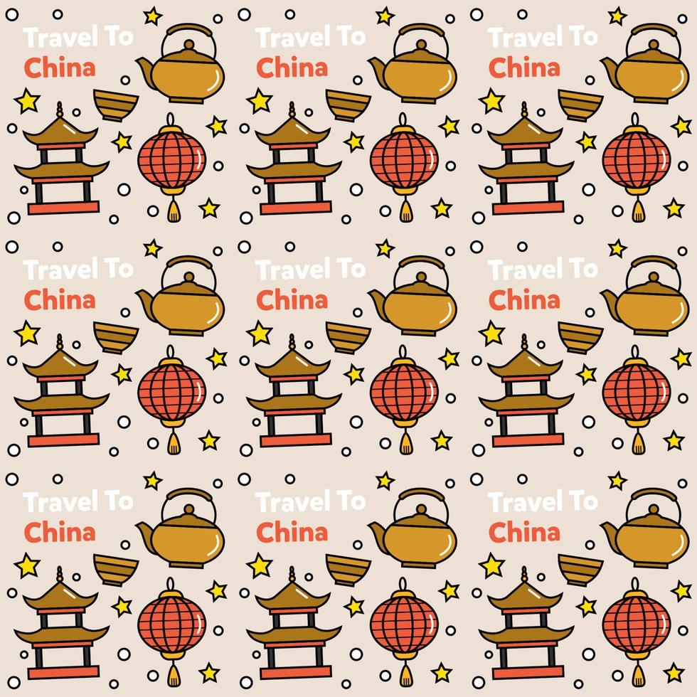 Travel to China doodle seamless pattern vector design. Lantern, Panda and noodle are identic icon with China.