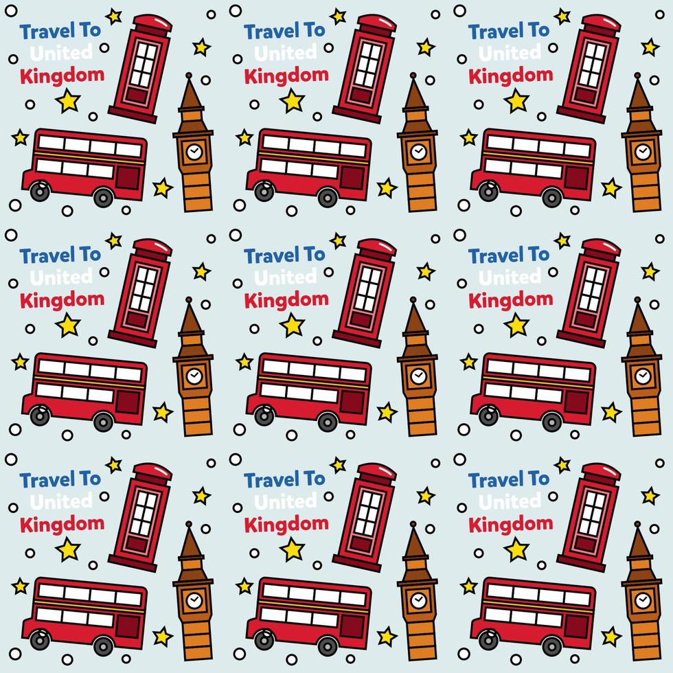 Travel to United Kingdom doodle seamless pattern vector design. Bus, Map and Flag are identic icons with UK