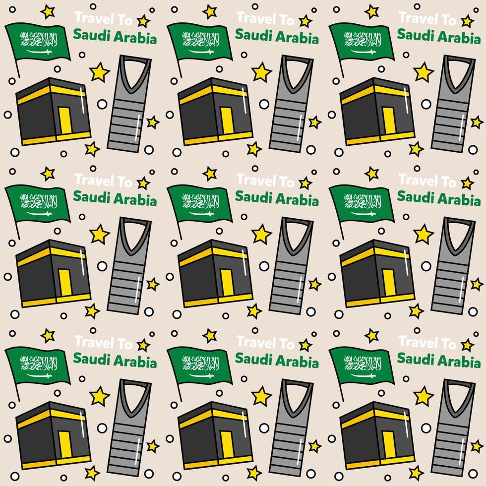 Travel to Saudi Arabia doodle seamless pattern vector design. Camel. Ka'bah, Flag are identic icons with Saudi Arabia