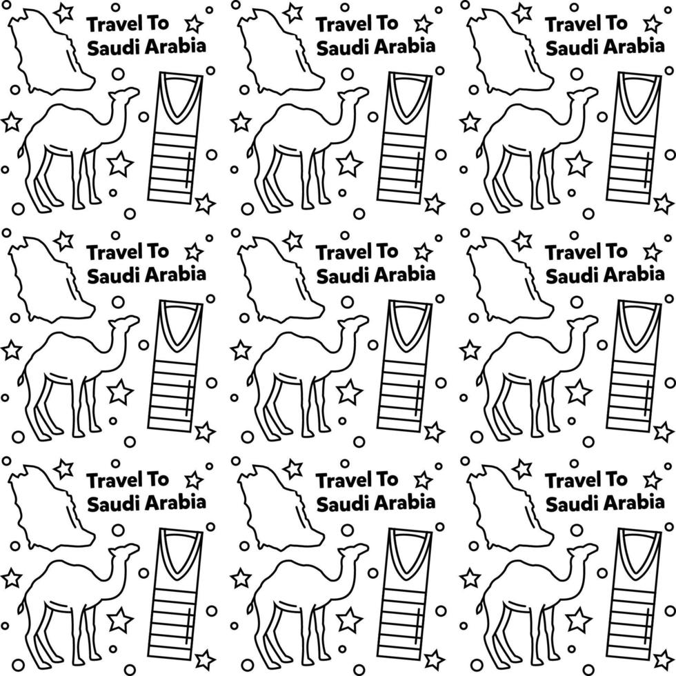 Travel to Saudi Arabia doodle seamless pattern vector design. Camel. Ka'bah, Flag are identic icons with Saudi Arabia